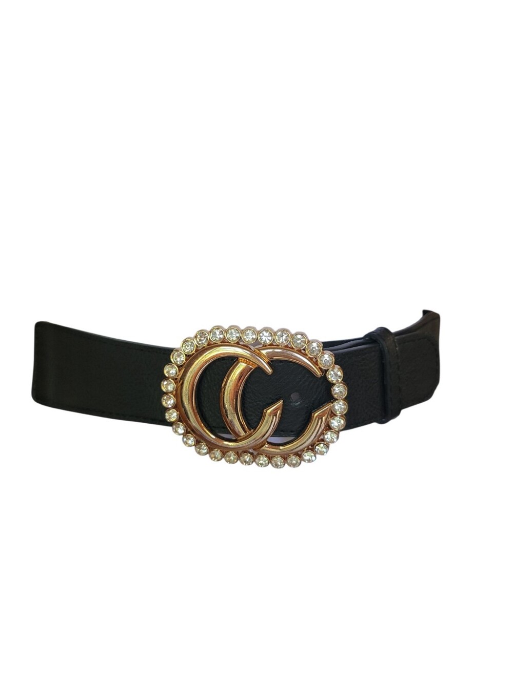 Black Gold Rhinestone CC Interlocking Buckle Stretch Waist Belt Glam Chic